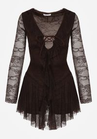 Born2be - Brązowa Koronkowa Sukienka Wieczorowa z Wiązaniem przy Dekolcie Ferolena. Okazja: na imprezę. Kolor: brązowy. Materiał: koronka. Styl: wizytowy #6