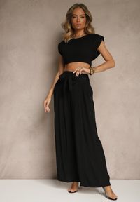 Renee - Czarne Wiskozowe Spodnie High Waist o Szerokim Kroju Aranisa. Okazja: na co dzień. Stan: podwyższony. Kolor: czarny. Materiał: wiskoza. Wzór: aplikacja. Styl: elegancki, casual