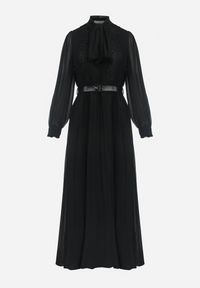 Born2be - Czarna Rozkloszowana Sukienka Maxi z Plisowanym Dołem i Paskiem Brofilla. Okazja: na co dzień. Kolor: czarny. Materiał: poliester, materiał, koronka. Wzór: aplikacja, koronka. Styl: casual, klasyczny. Długość: maxi #4