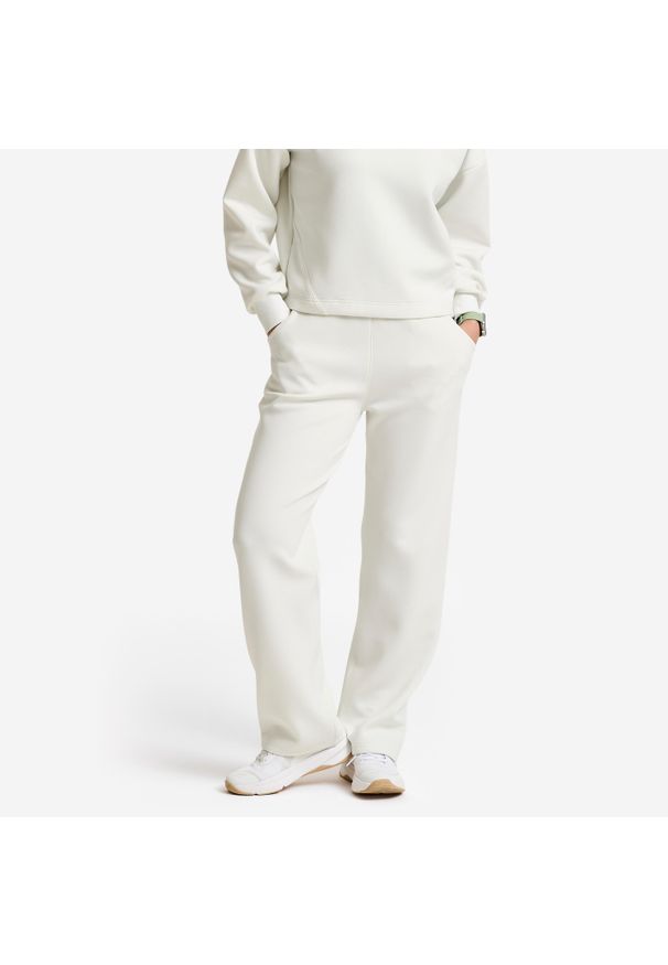 Decathlon - Spodnie dresowe damskie Gym & Pilates. Kolor: biały. Materiał: poliester, lyocell, elastan, materiał. Sport: joga i pilates