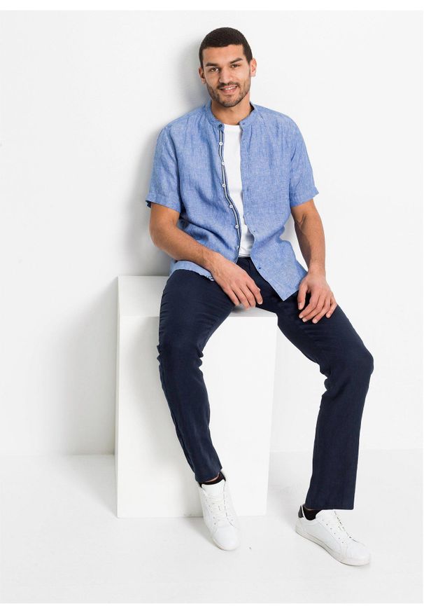 bonprix - Spodnie chinosy z czystego lnu, regular fit, prosta nogawka. Kolor: niebieski. Materiał: len. Styl: klasyczny
