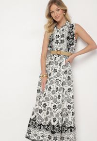 Born2be - Czarna Bawełniana Sukienka o Koszulowym Kroju Bez Rękawów z Paskiem Mirulenia. Okazja: na co dzień. Typ kołnierza: dekolt w kształcie V. Kolor: czarny. Materiał: bawełna. Długość rękawa: bez rękawów. Wzór: kwiaty, aplikacja, haft. Typ sukienki: koszulowe. Styl: casual #6