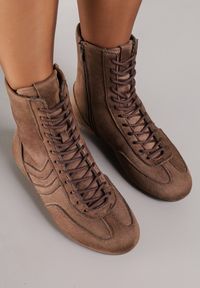 Born2be - Brązowe Sznurowane Sneakersy w Stylu Bokserskim Havanne. Okazja: na co dzień. Kolor: brązowy. Materiał: jeans #4