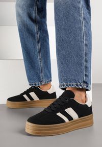 Renee - Czarne Sneakersy w Stylu Klasycznych Tenisówek na Platformie Nallania. Okazja: na spacer. Kolor: czarny. Materiał: jeans. Obcas: na platformie. Sport: turystyka piesza #4