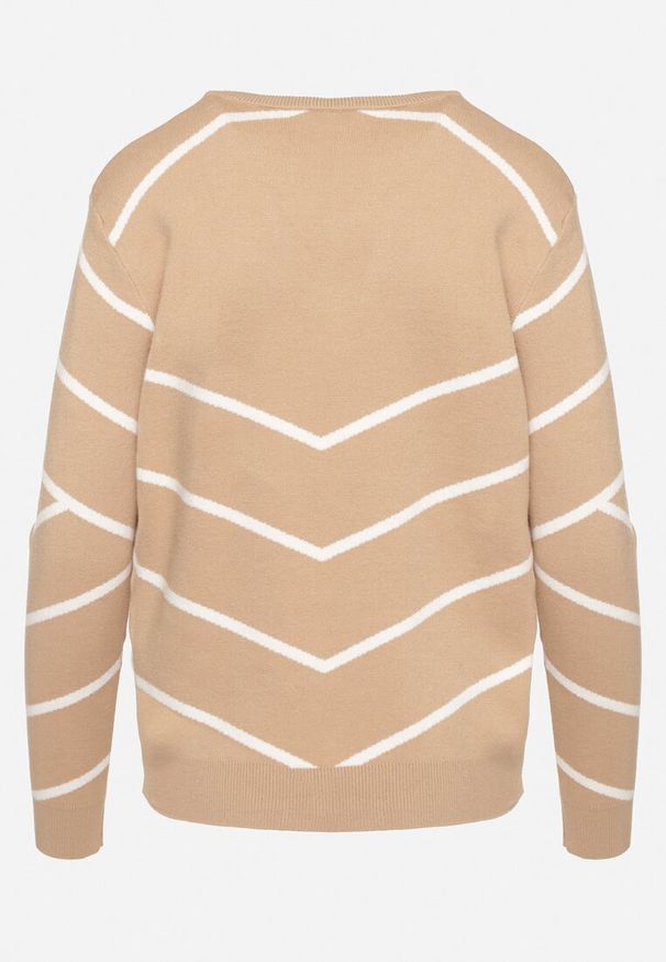Born2be - Ciemnobeżowy Sweter z Wiskozą w Geometryczny Wzór z Wycięciem w Kształcie Serca z Cyrkoniami Temilime. Okazja: na spotkanie biznesowe, do pracy, na co dzień. Kolor: beżowy. Materiał: wiskoza. Długość rękawa: długi rękaw. Długość: długie. Wzór: geometria. Styl: elegancki, biznesowy, casual