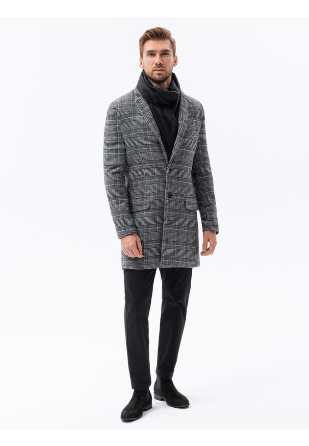Ombre Clothing - Jednorzędowy płaszcz męski w kratę - czarny V2 C499 - XXL. Kolor: czarny. Materiał: poliester, akryl