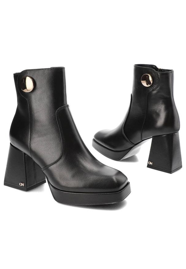 CheBello - Czarne Botki Chebello Modne Skórzane Buty Na Obcasie. Kolor: czarny. Materiał: skóra. Wzór: aplikacja. Obcas: na obcasie. Wysokość obcasa: średni