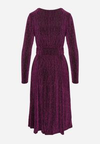Born2be - Fioletowa Taliowana Sukienka z Wiskozą o Rozkloszowanym Kroju Zdobiona Metaliczną Nicią Mesinae. Okazja: na spotkanie biznesowe, do pracy. Typ kołnierza: dekolt w kształcie V. Kolor: fioletowy. Materiał: wiskoza. Długość rękawa: długi rękaw. Wzór: aplikacja. Typ sukienki: rozkloszowane. Styl: biznesowy, elegancki, glamour, wizytowy #5
