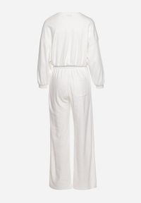 Born2be - Biały Komplet Bawełniany Spodnie Szerokie ze Sznurkiem w Pasie i Bluza ze Ściągaczami Urionne. Kolor: biały. Materiał: bawełna #3