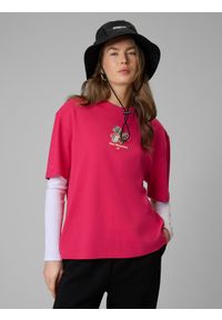 4f - 4F T-shirt loose z nadrukiem damski - różowy L. Okazja: na co dzień. Kolor: różowy. Materiał: materiał, bawełna, dzianina. Wzór: nadruk. Styl: casual #1