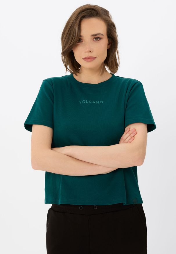 Volcano - Koszulka Comfort Fit T-AVI. Kolor: turkusowy. Materiał: skóra, materiał, bawełna. Długość: krótkie. Wzór: napisy. Styl: klasyczny