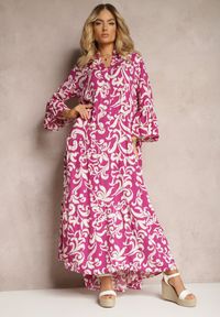 Renee - Fioletowa Rozkloszowana Sukienka z Wiskozy w Ornamentalny Wzór Irlilena. Kolor: fioletowy. Materiał: wiskoza. Sezon: lato #2