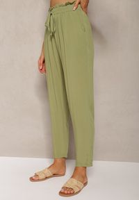 Renee - Zielone Spodnie z Bawełny Typu Paper Bag High Waist z Gumką w Talii Kitanea. Okazja: do pracy, na co dzień. Stan: podwyższony. Kolor: zielony. Materiał: bawełna. Styl: casual #4