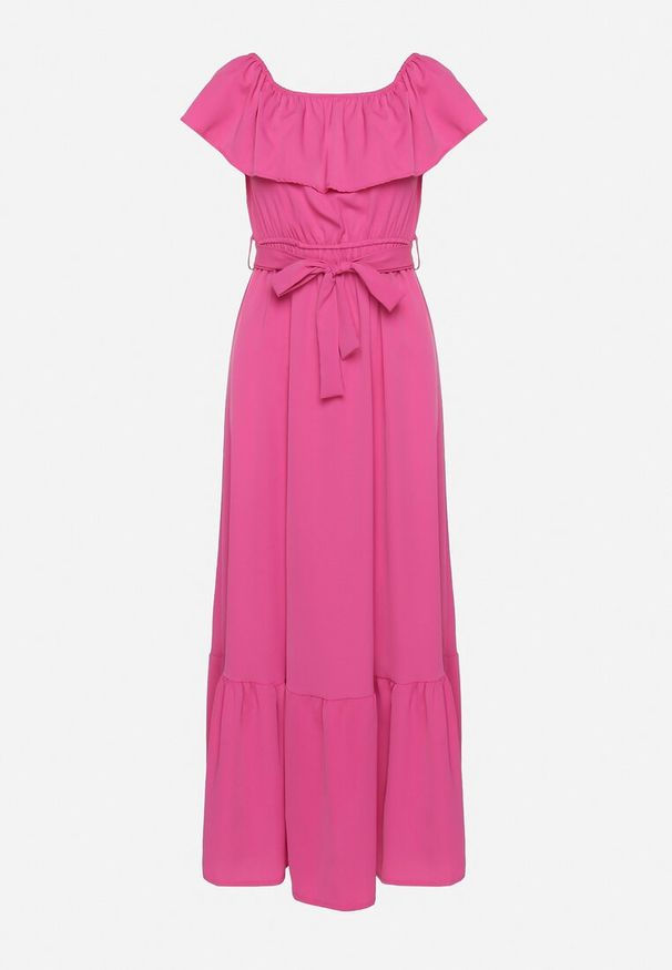 Born2be - Różowa Sukienka o Rozkloszowanym Fasonie z Hiszpańskim Dekoltem i Materiałowym Paskiem Nacara. Okazja: na co dzień. Kolor: różowy. Materiał: materiał. Długość rękawa: krótki rękaw. Sezon: lato. Typ sukienki: proste. Styl: casual