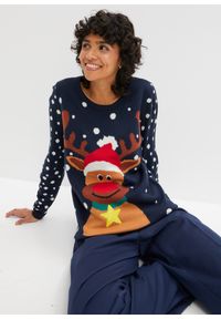 bonprix - Sweter z bożonarodzeniowym motywem. Kolor: niebieski. Materiał: dzianina