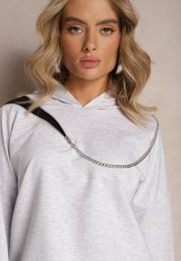 Renee - Szara Asymetryczna Bluza z Bawełny z Kapturem i Ozdobnym Suwakiem Lueur. Typ kołnierza: kaptur. Kolor: szary. Materiał: bawełna. Wzór: aplikacja