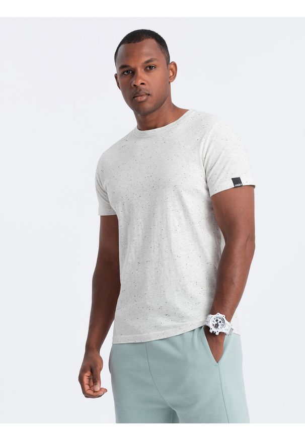 Ombre Clothing - T-shirt męski z ozdobnym efektem confetti - kremowy V1. Okazja: na co dzień. Kolor: kremowy. Materiał: bawełna. Wzór: jednolity. Styl: casual