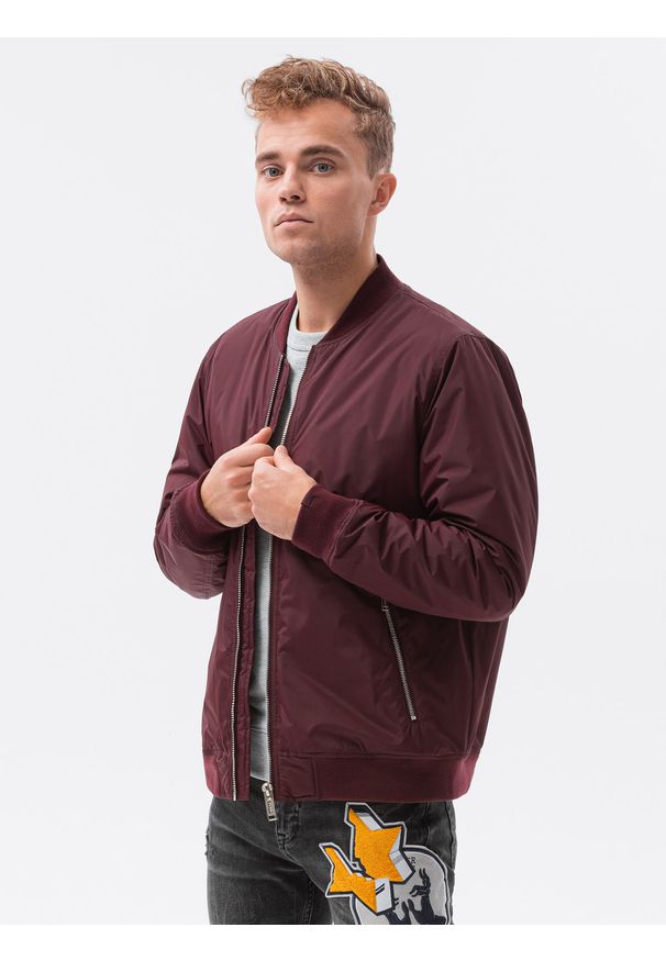 Ombre Clothing - Kurtka męska przejściowa C538 - bordowa - XXL. Kolor: czerwony. Materiał: poliester