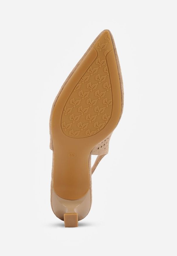 Renee - Ciemnobeżowe Czółenka Slingback VICES na Kaczuszce z Ażurową Cholewką Klephei. Okazja: na co dzień. Nosek buta: szpiczasty. Kolor: beżowy. Szerokość cholewki: normalna. Wzór: ażurowy. Materiał: jeans, satyna. Obcas: na szpilce. Styl: elegancki, casual, retro. Wysokość obcasa: średni