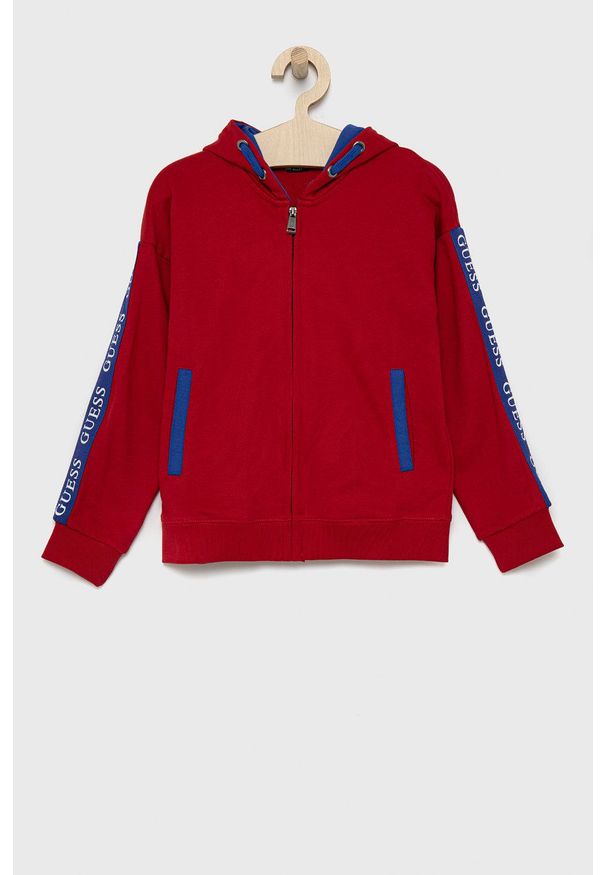 Guess - Bluza dziecięca. Okazja: na co dzień. Typ kołnierza: kaptur. Kolor: czerwony. Materiał: dzianina, bawełna. Wzór: melanż. Styl: casual