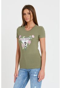 Guess - GUESS Zielony t-shirt Floral Triangle Tee. Kolor: zielony