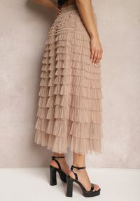 Renee - Beżowa Spódnica Midi z Tiulowymi Falbankami Kontha. Kolor: beżowy. Materiał: tiul. Styl: glamour, elegancki