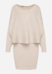 Born2be - Ciemnobeżowy Dzianinowy Komplet Prążkowany Sukienka i Sweter o Kroju Nietoperz Wederela. Kolor: beżowy. Materiał: prążkowany, dzianina #5