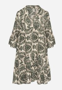 Born2be - Ciemnozielona Rozkloszowana Sukienka z Bawełny z Falbanami w Ornamentalny Wzór Lanoreth. Okazja: na spacer, na co dzień. Typ kołnierza: dekolt w serek. Kolor: zielony. Materiał: bawełna. Typ sukienki: rozkloszowane, proste. Styl: casual, klasyczny #2