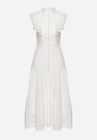Born2be - Biała Sukienka Ażurowa z Falbankami Perełkami i Stójką Orintia. Typ kołnierza: kołnierzyk stójkowy, kołnierz z falbankami. Kolor: biały. Wzór: ażurowy. Sezon: lato. Typ sukienki: rozkloszowane #3