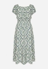 Born2be - Zielona Sukienka z Bawełną i Bufiastymi Rękawami Revilee. Okazja: na spacer, na co dzień. Kolor: zielony. Materiał: bawełna. Wzór: aplikacja. Styl: elegancki, casual #2