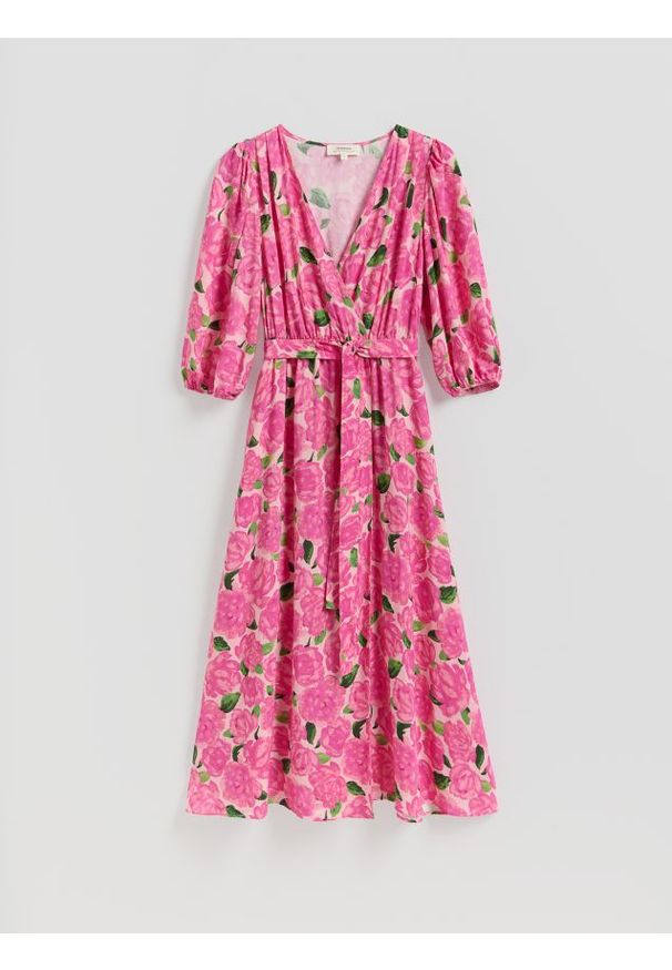 Reserved - Wzorzysta sukienka z wiskozy - różowy. Kolor: różowy. Materiał: wiskoza