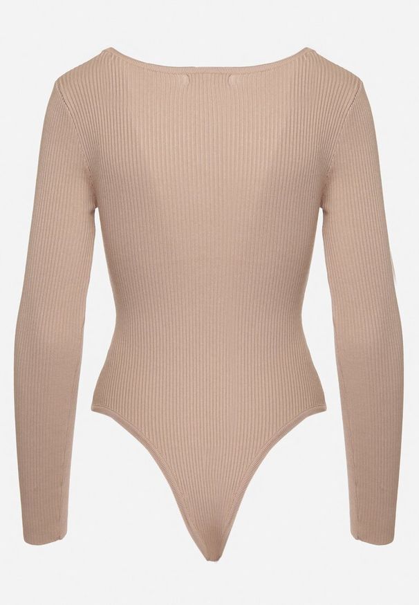 Born2be - Ciemnobeżowe Body z Ozdobnymi Kokardkami i Wycięciami z Przodu Issalia. Okazja: na co dzień. Typ kołnierza: kokarda. Kolor: beżowy. Materiał: jeans, materiał. Styl: casual