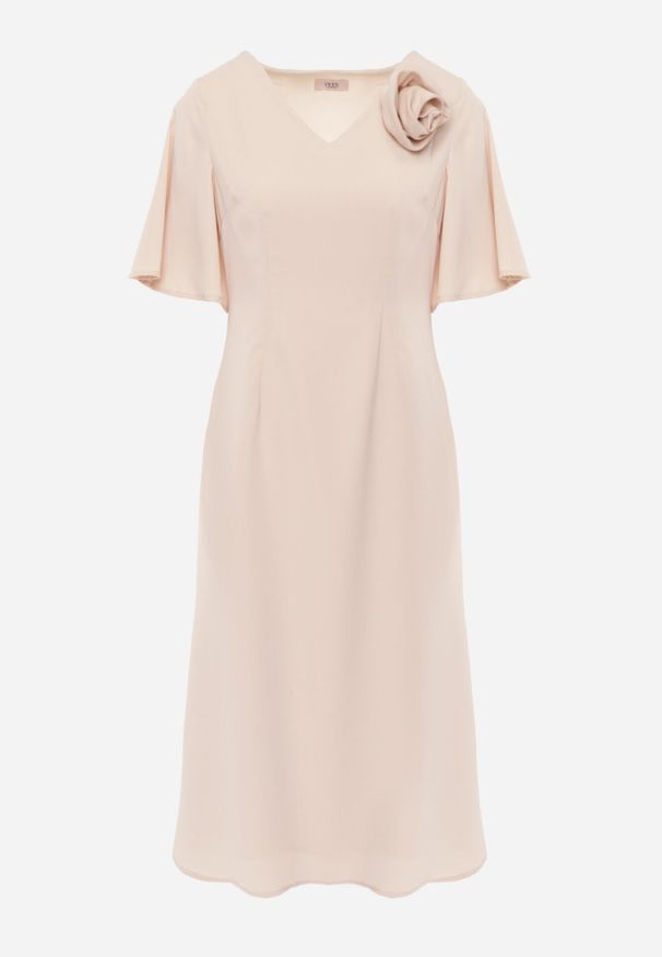 Born2be - Beżowa Koktajlowa Sukienka VICES ze Zwiewnymi Rękawami i Kwiatową Aplikacją 3D Talilia. Okazja: na wesele, na ślub cywilny, na imprezę. Kolor: beżowy. Wzór: aplikacja, kwiaty. Styl: wizytowy