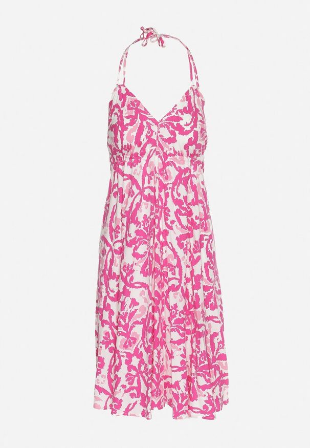 Born2be - Różowa Rozkloszowana Sukienka na Ramiączkach Wiązana na Szyi z Dekoltem w Serek Beviana. Okazja: na co dzień. Typ kołnierza: dekolt w serek. Kolor: różowy. Materiał: skóra, materiał, bawełna. Długość rękawa: na ramiączkach. Styl: casual, klasyczny, elegancki