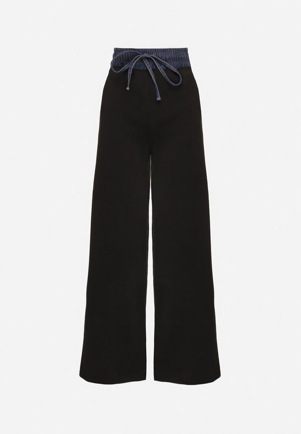 Born2be - Czarne Szerokie Spodnie z Bawełną Wysokim Stanem i Wstawką Imitującą Jeans Tannira. Stan: podwyższony. Kolor: czarny. Materiał: bawełna, jeans. Styl: klasyczny