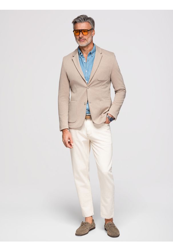 Ombre Clothing - Elegancka dopasowana męska marynarka ze strukturalnej dzianiny – beżowa V2 - Rozmiar: M. Kolor: beżowy. Materiał: dzianina. Wzór: aplikacja, melanż. Styl: elegancki