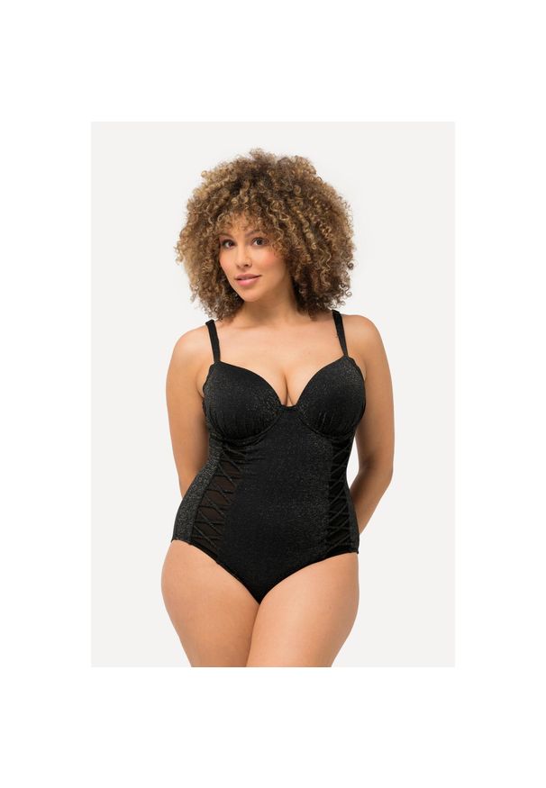 ULLA POPKEN - Damski Kostium kąpielowy miękkie miseczki z fiszbinami brokat ozdobne paseczki. Kolekcja: plus size. Kolor: czarny. Materiał: materiał