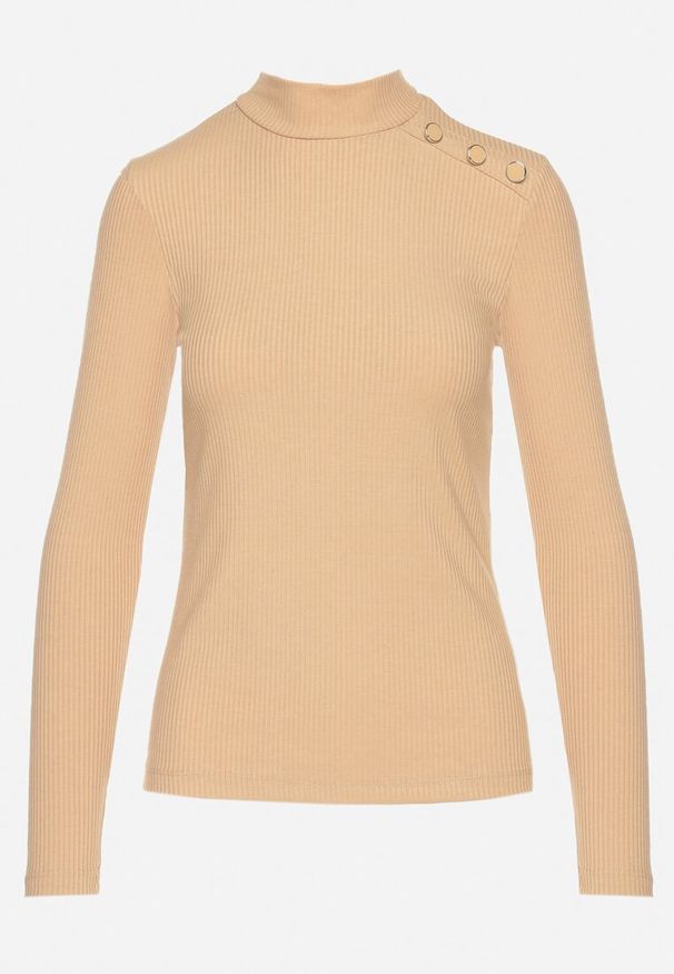 Born2be - Ciemnobeżowa Bluzka z Bawełną Ozdobiona Guzikami Falida. Okazja: na spotkanie biznesowe. Kolor: beżowy. Materiał: bawełna. Wzór: aplikacja. Styl: elegancki, klasyczny, biznesowy