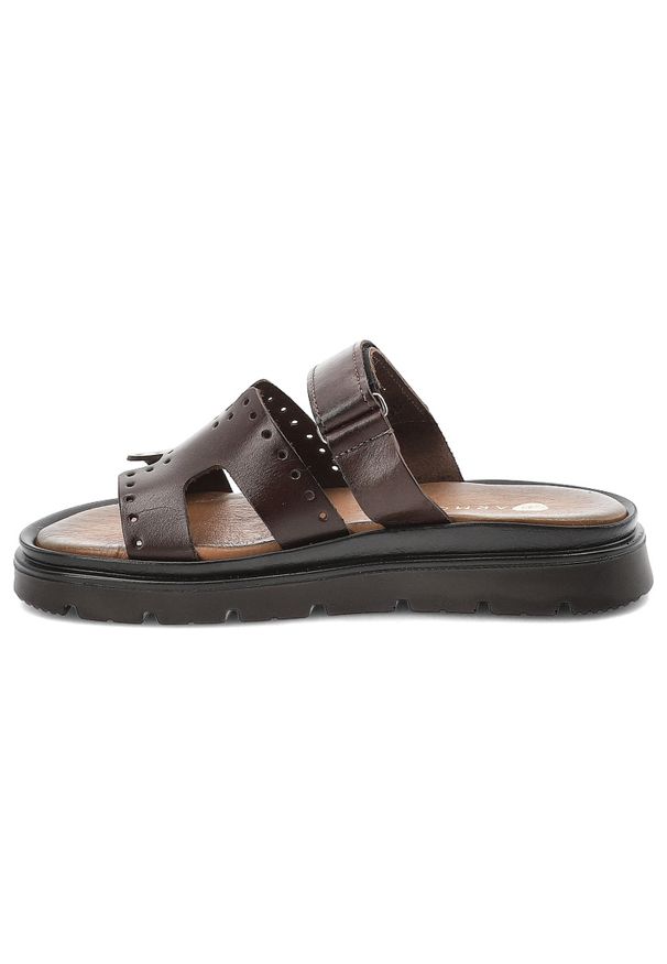 Klapki damskie Armodo, cholewka ze skóry naturalnej z ażurowymi perforacjami szeroki pasek z regulacją na rzep, brązowe, 40440. Kolor: brązowy. Materiał: skóra. Wzór: ażurowy