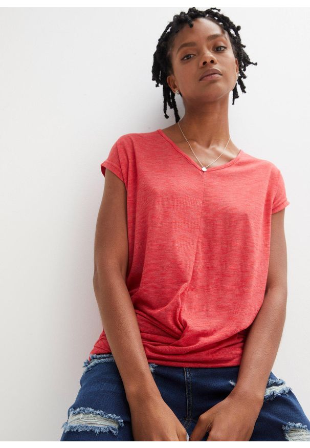 bonprix - T-shirt z mieszanki wiskozy. Typ kołnierza: dekolt w serek. Kolor: czerwony. Materiał: wiskoza. Długość rękawa: krótki rękaw. Długość: krótkie. Styl: elegancki