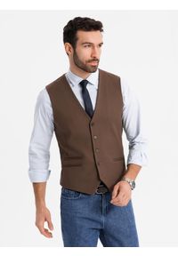 Ombre Clothing - Męska kamizelka garniturowa z klasycznym detalem i podszewką – brązowa V2 - Rozmiar: L. Kolor: brązowy. Materiał: wiskoza, poliester, materiał. Styl: klasyczny