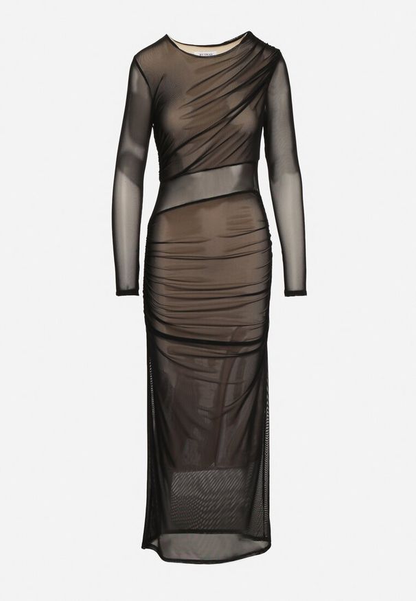 Born2be - Czarno-Beżowa Dopasowana Sukienka Maxi z Siateczki Stolisse. Okazja: na imprezę. Kolor: czarny. Materiał: wiskoza. Typ sukienki: proste. Styl: klasyczny, elegancki. Długość: maxi