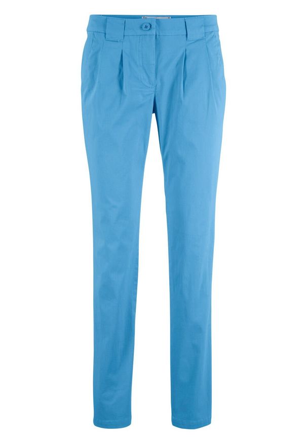 Spodnie chino ze stretchem bonprix niebieski. Okazja: na co dzień. Stan: obniżony. Kolor: niebieski. Materiał: materiał, bawełna, elastan. Wzór: kwiaty. Styl: casual