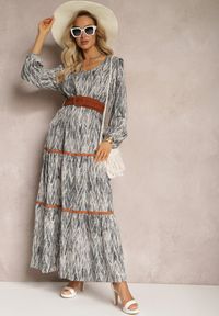 Renee - Szara Sukienka z Gumką w Pasie Nossi. Typ kołnierza: dekolt w kształcie V. Kolor: szary. Materiał: materiał, tkanina. Styl: boho. Długość: maxi #3
