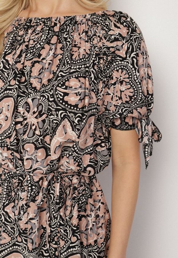 Born2be - Czarno-Beżowa Sukienka z Bawełny z Okrągłym Dekoltem i Wiązaniem w Pasie Tosaria. Okazja: na co dzień. Kolor: czarny. Materiał: bawełna. Sezon: lato. Styl: elegancki, casual