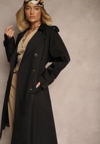 Renee - Czarny Płaszcz Trencz Dwurzędowy z Paskiem Lene. Okazja: na co dzień. Kolor: czarny. Materiał: jeans. Styl: klasyczny, casual #3