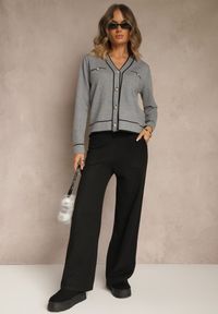 Renee - Szary Komplet z Dzianiny Spodnie Wide Leg i Retro Kardigan Giosila. Kolekcja: plus size. Kolor: szary. Materiał: dzianina