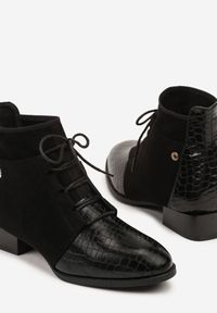 Born2be - Czarne Sznurowane Botki Vices do Kostki z Wężowym Tłoczeniem Wodvira. Zapięcie: sznurówki. Kolor: czarny. Materiał: jeans. Obcas: na obcasie. Styl: elegancki. Wysokość obcasa: niski #3
