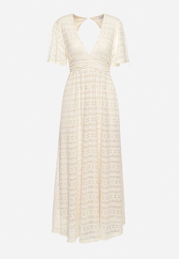 Born2be - Jasnobeżowa Koronkowa Sukienka Maxi z Gumką w Pasie Umisse. Kolor: beżowy. Materiał: koronka. Długość: maxi