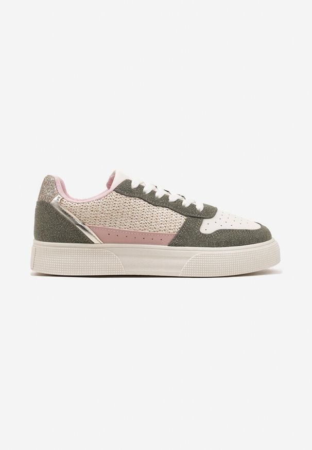 Renee - Beżowo-Zielone Sneakersy na Platformie Ozdobione Plecionką Perforacją i Brokatem Tulreia. Kolor: beżowy. Materiał: jeans. Wzór: aplikacja. Obcas: na platformie